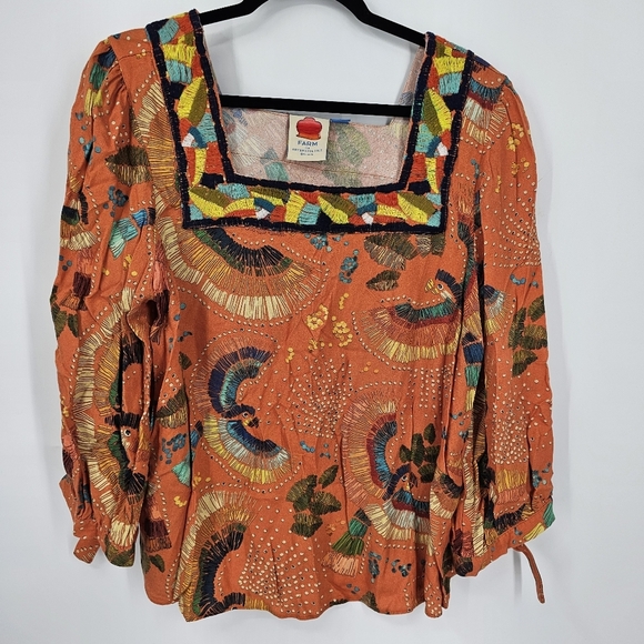FARM Rio Bianca Blouse Size S Orange Tropical Floral Anthropologie Top - Picture 1 of 5